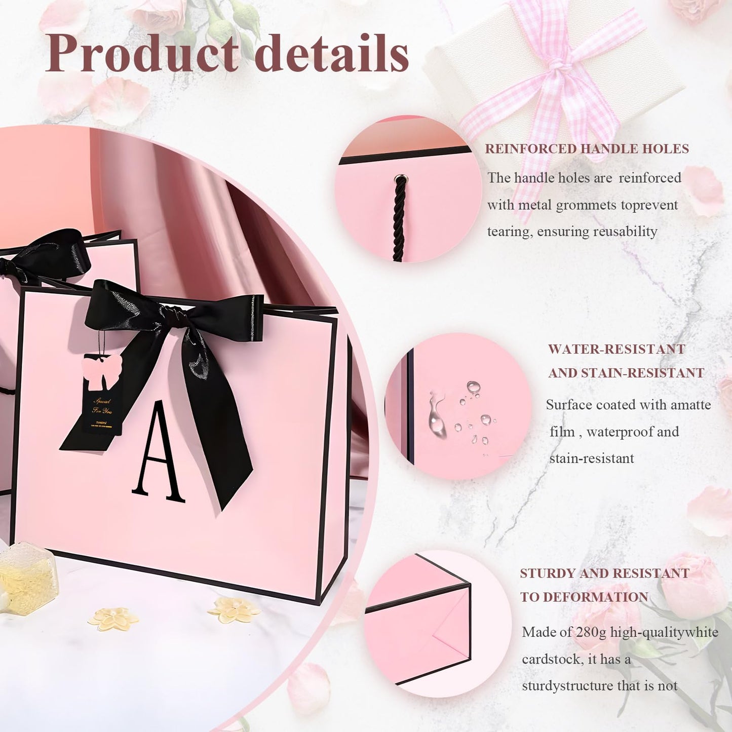 ZUKEPU Birthday Gift Bag, Personalized Initial Pink Gift Bags for Women & Girls, Medium Valentines Gift Paper Bags with Card and Tissue Paper, Stands up perfectly for Weddings, Party & All Holidays (Pink, A-Medium)