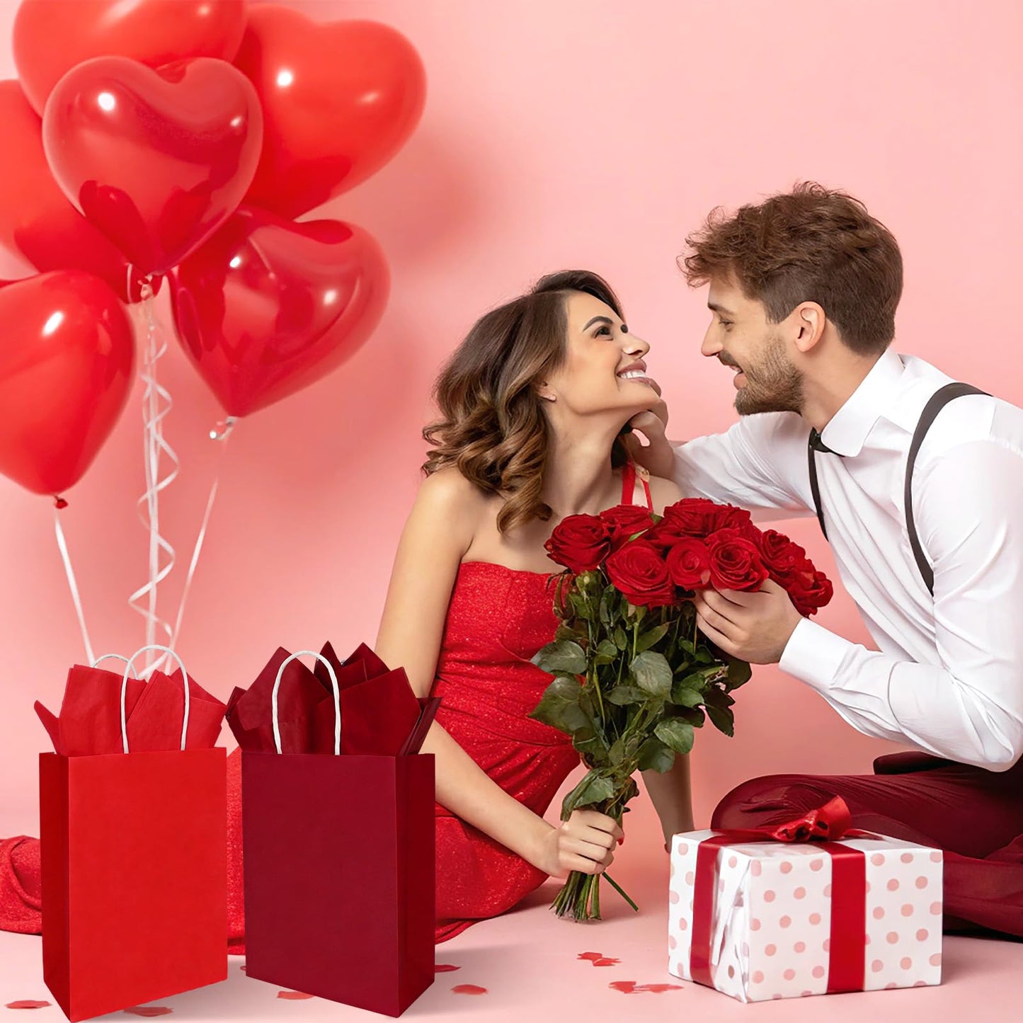 Whaline 24 Pcs Valentine's Day Gift Bags Valentines Kraft Paper Bags with Tissue Paper Gradient Red Pink Party Favor Bag Treat Goodie Bag for Anniversary Wedding Gift Giving Classroom Exchange Prizes