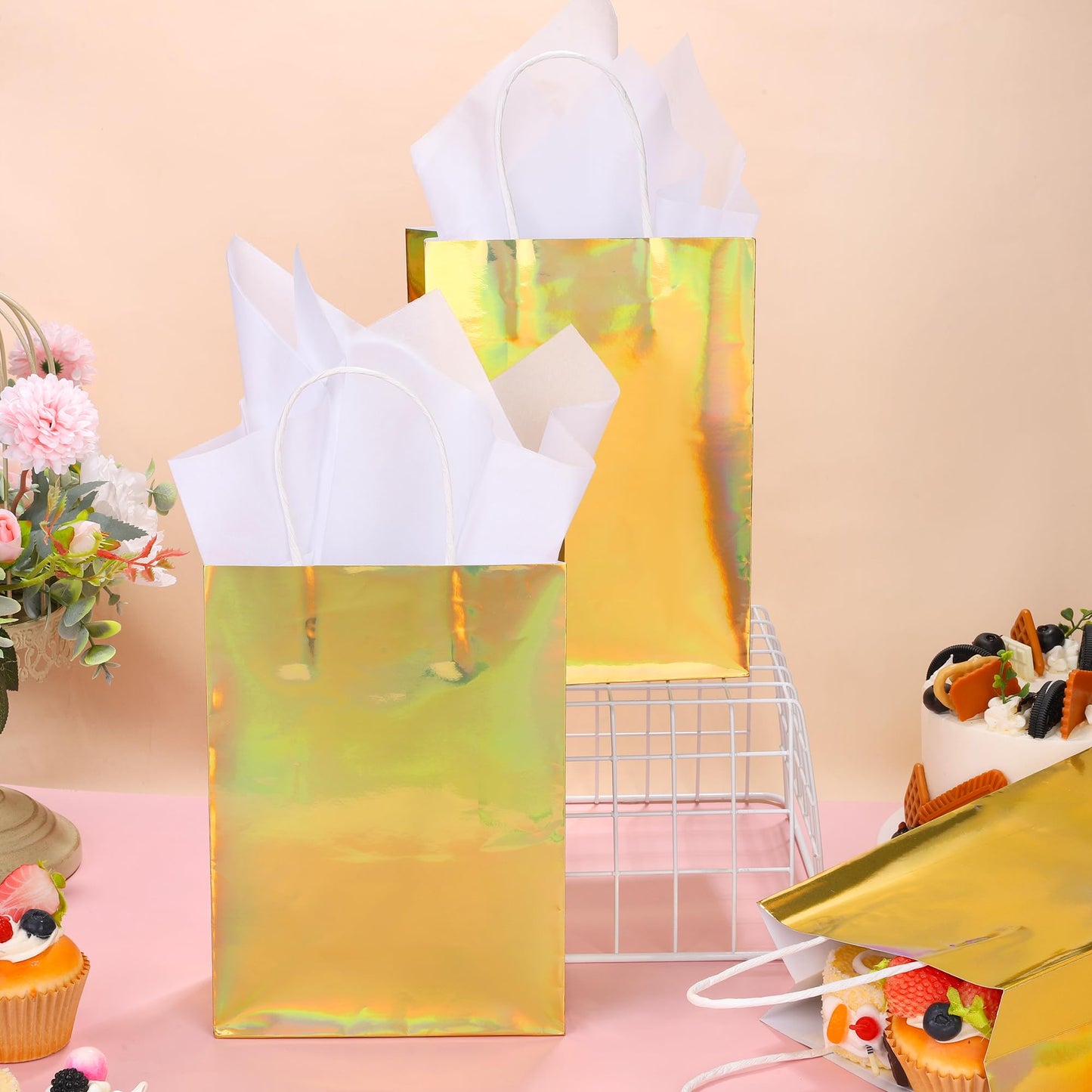 MIMIND 24 Pack Iridescent Paper Gift Bags with Handles Holographic Party Favor Bags with Tissue Paper 8.7 x 6.3 x 3.1 Inch Glitter Gold Foil Goodie Candy Bag for Wedding Baby Shower Birthday Party