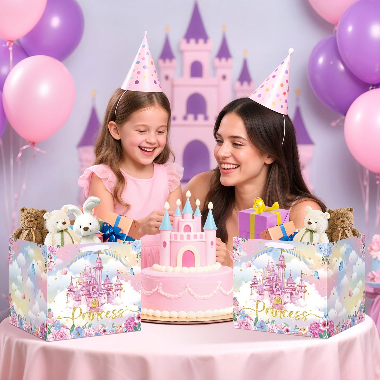 Extra Large Princess Gift Bag for Girls, Pink Castle Party Favors Bag with 6Pcs Tissue Paper Jumbo Flower Floral Gifts Bag with Handles Princess Wrapping Paper Bags for Birthday, Wedding, Baby Shower