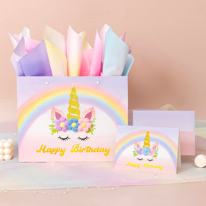 Crisky Unicorn Birthday Bags for Girls with Card & Tissue Paper, Birthday Gift Bags for Kids Baby Daughter Bday Party Decorations Gift Ideas