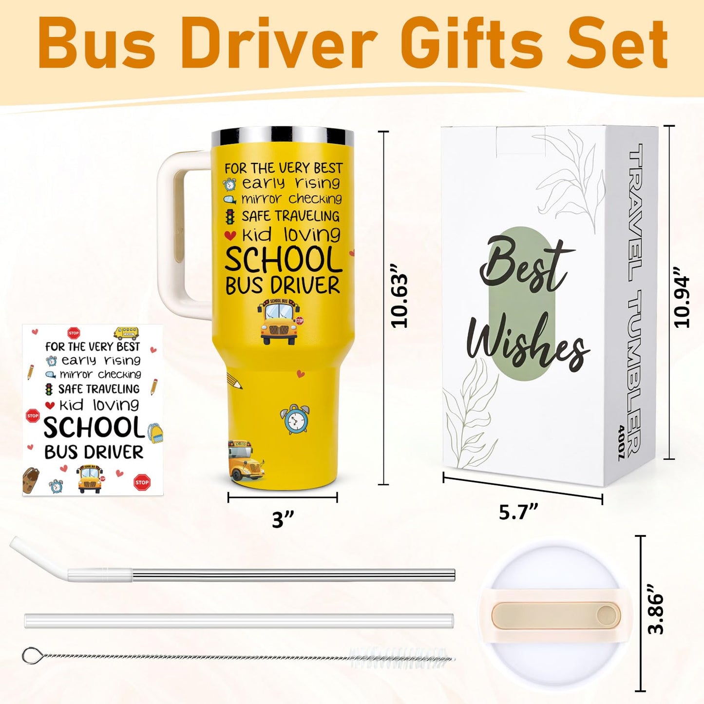 Lifecapido Bus Driver Appreciation Gifts, Best Bus Driver Ever 40oz Tumbler with Greeting Card, Bus Driver Gifts Thank You Gifts Birthday Gifts Christmas Gifts for Bus Driver School Bus Driver, Yellow