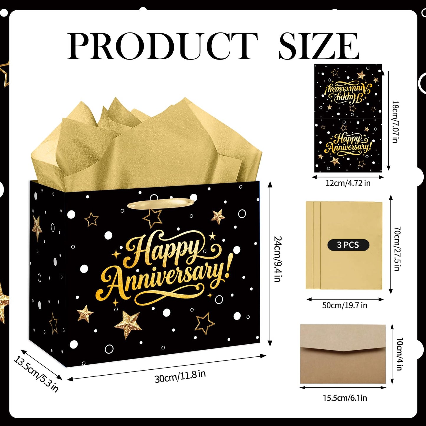 Black Gold Happy Anniversary Party Gift Bag - Large Wedding Gift Wrapping Bag with Tissue Paper and Greeting Card, Ideal for Wedding, Parents, 50th Golden Jubilee & Work Anniversary Party Decorations