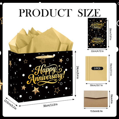 Black Gold Happy Anniversary Party Gift Bag - Large Wedding Gift Wrapping Bag with Tissue Paper and Greeting Card, Ideal for Wedding, Parents, 50th Golden Jubilee & Work Anniversary Party Decorations