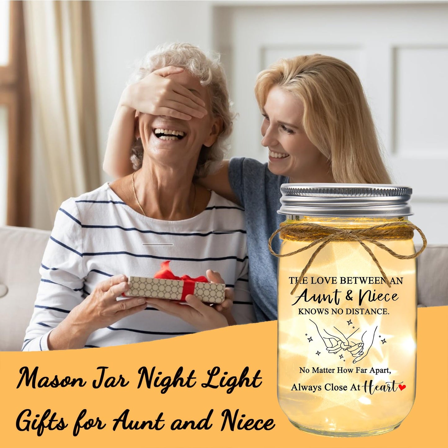Aunt Gifts from Niece - The Love Between an Aunt & Niece Knows No Distance Mason Jar Night Light, Aunt Birthday Gift Aunt and Niece Gifts for Aunts Mothers Day Christmas Valentines