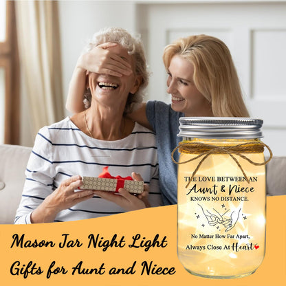 Aunt Gifts from Niece - The Love Between an Aunt & Niece Knows No Distance Mason Jar Night Light, Aunt Birthday Gift Aunt and Niece Gifts for Aunts Mothers Day Christmas Valentines