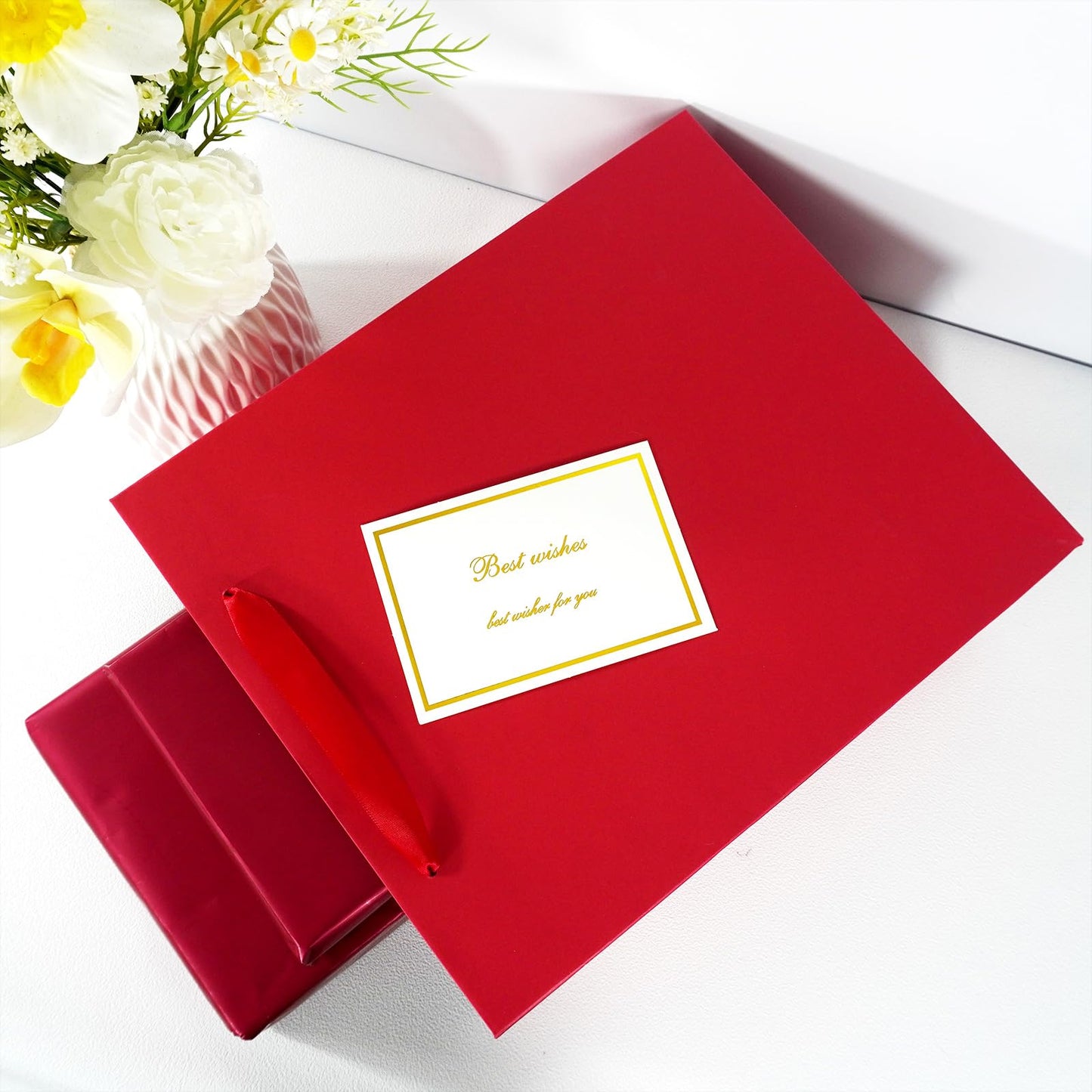 Elegant Red Gift Bag 10.2"x4.7"x12.2" with Ribbon Handles, Includes Card and Tissue Papers, Perfect for Birthdays, Weddings, Parties, Holidays, Baby Shower
