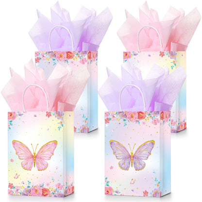 Leinuosen 16 Sets Butterfly Party Favor Bags, Butterfly Gift Bags with Tissue Paper, Pink Purple Floral Goodie Treat Totes for Birthday, Wedding, Baby Shower, Tea Party(Watercolor Style)