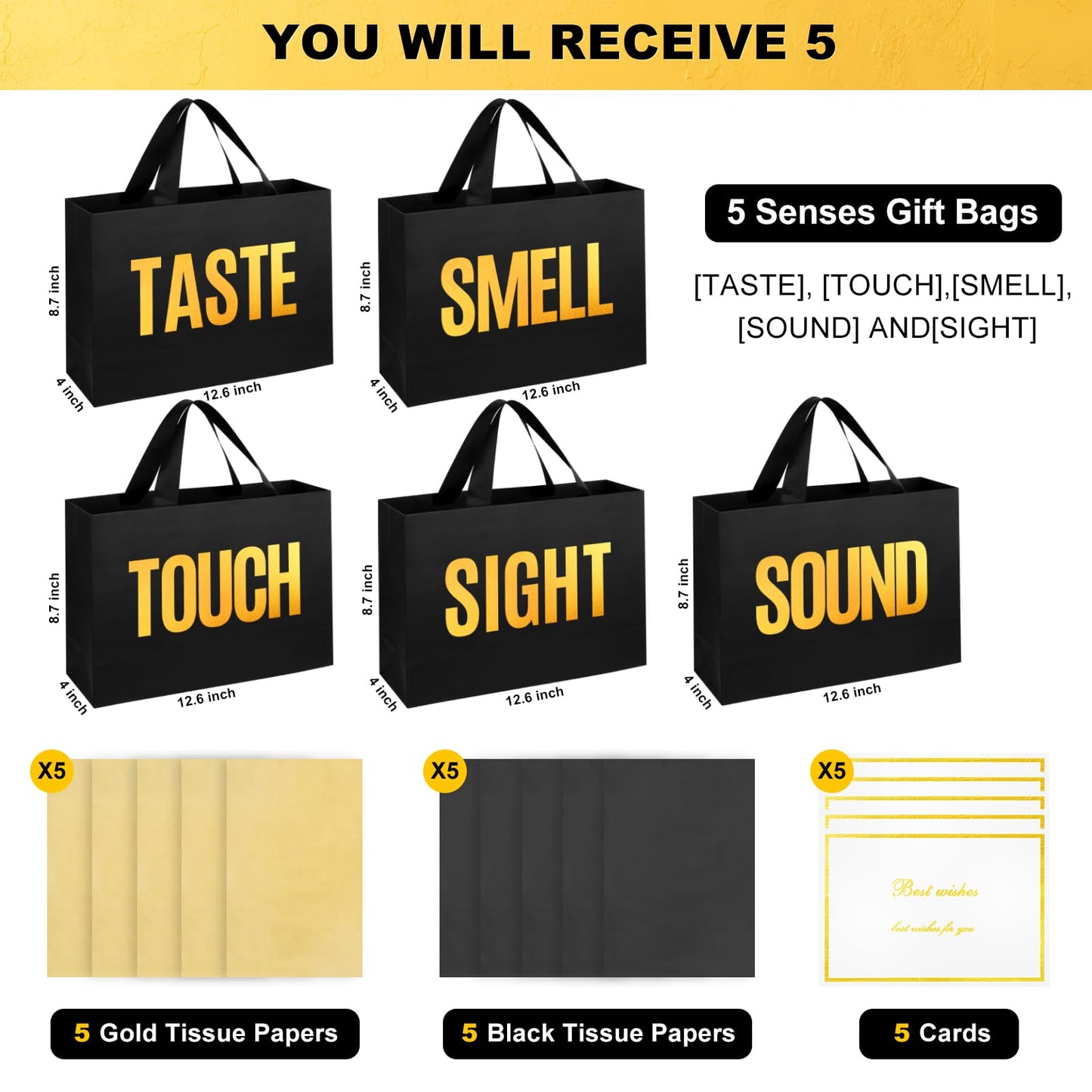 EIiovcnya 5 Senses Gift Bags for Him Her with Labels,Sight Smell Touch Taste Sound Gift Bags with Ribbon Handle,Tissue Paper,Greeting Card for Birthday,Wedding,Christmas,Valentine's Day (Black, 12.6 x 8.7 x 4 Inch)