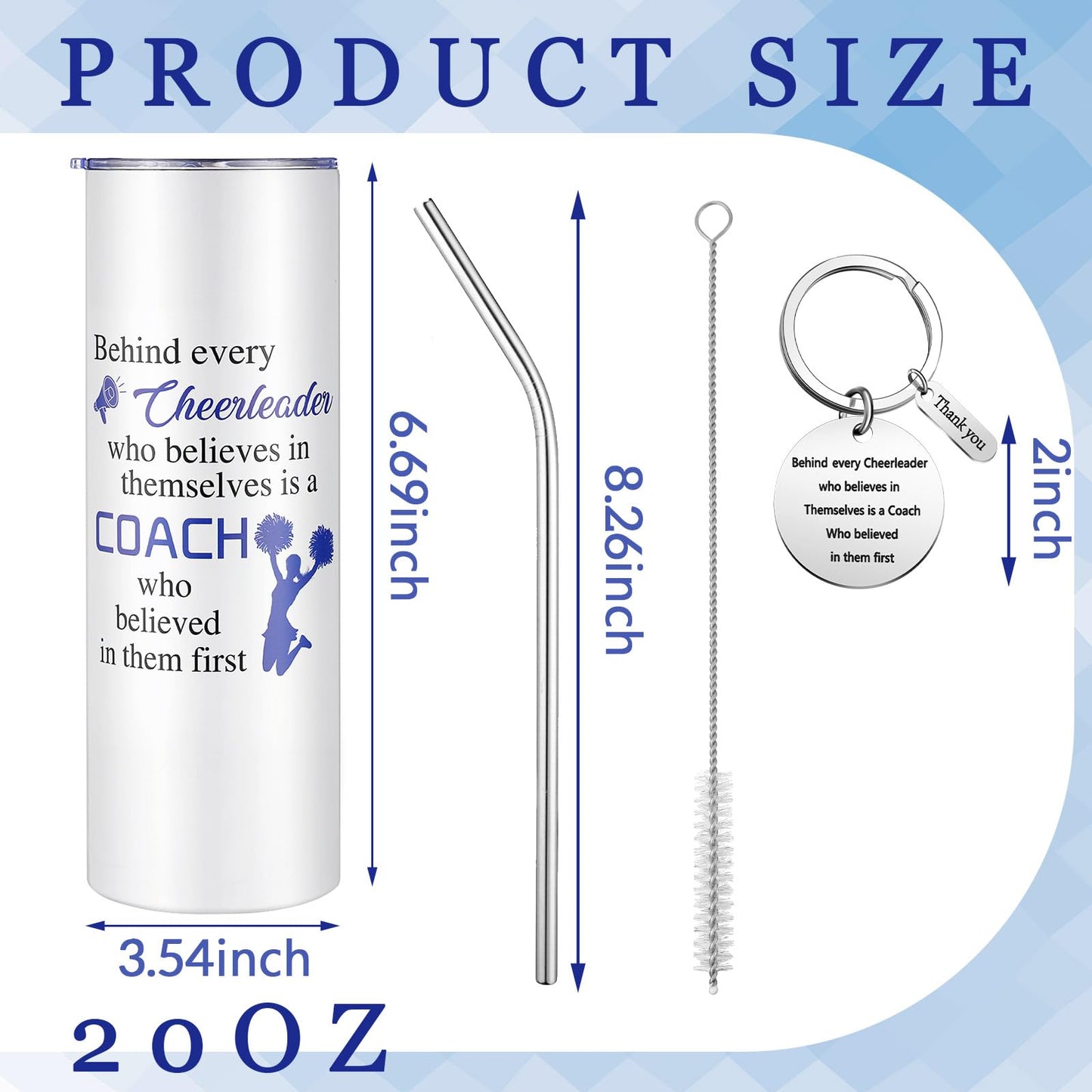 Suclain 2 Pcs Cheer Coach Gifts Set for Women 20 oz Cheerleader Tumbler with Lid Straw and Cheerleading Coach Keychain for Coach Cheerleader Birthday Retirement Gifts(Blue)