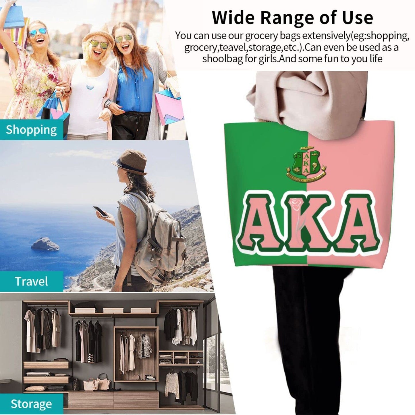 AKA Beach Tote Bags Travel Totes Bag Kitchen Reusable Grocery Bags Shopping Tote for Women Waterproof Book Tote