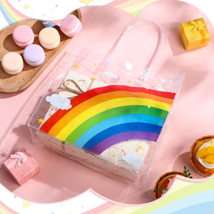 Aliceset 20 Pcs Clear Plastic Goodie Bags Party Treat Bags with Handles Rainbow Themed Favor Wrapping for Birthday Snack Candy Holiday Decoration Baby Shower Supplies, 8 x 8 x 3.15 Inch