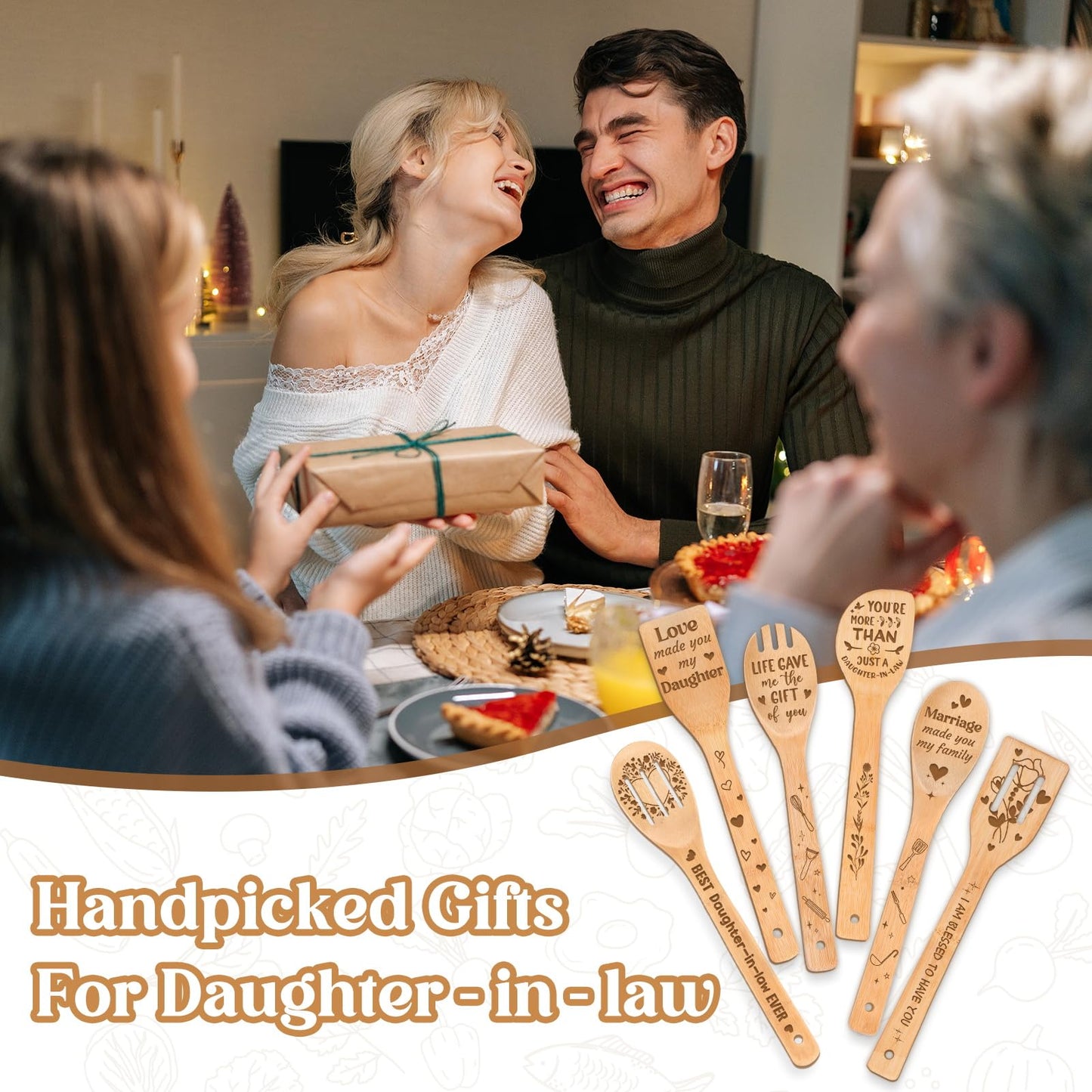 Mothers Day Gifts for Daughter in Law - Daughter in Law Themed Bamboo Spoons Set, Daughter in Law Birthday Gifts with Engraved Quotes, Idea Kitchen Spoons, Daughter in Law Birthday Gifts