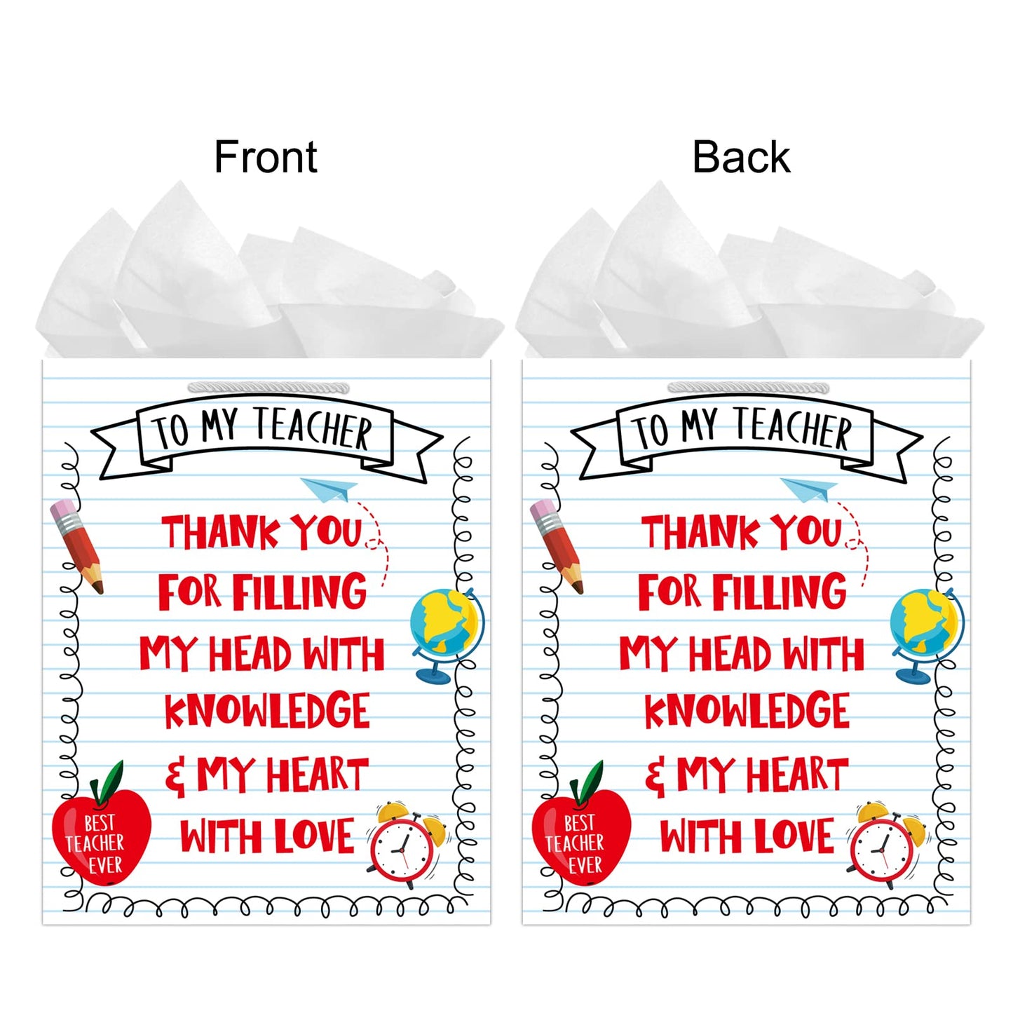 PETCEE Teacher Appreciation Gift Bags - 11.5" Teacher Gift Bags with Tissue Paper Thank You Teacher End of Year Gifts for Retirement Teachers Graduation Wrapping Paper Bag for Teachers Women Men