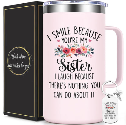 Lifecapido Sister Gifts from Sisters, I Smile Because You’re My Sister 20oz Insulated Coffee Mug with Keychain, Birthday Christmas Mothers Day Gifts for Sisters, Rose Quartz