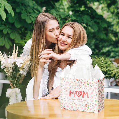 Jaywayang 2Pcs 12.6" Happy Mother's Day Gift Bags with Tissue Paper, Envelope and Card, Reusable Non-Woven Bag with Handles for Mother's Day Party Supplies