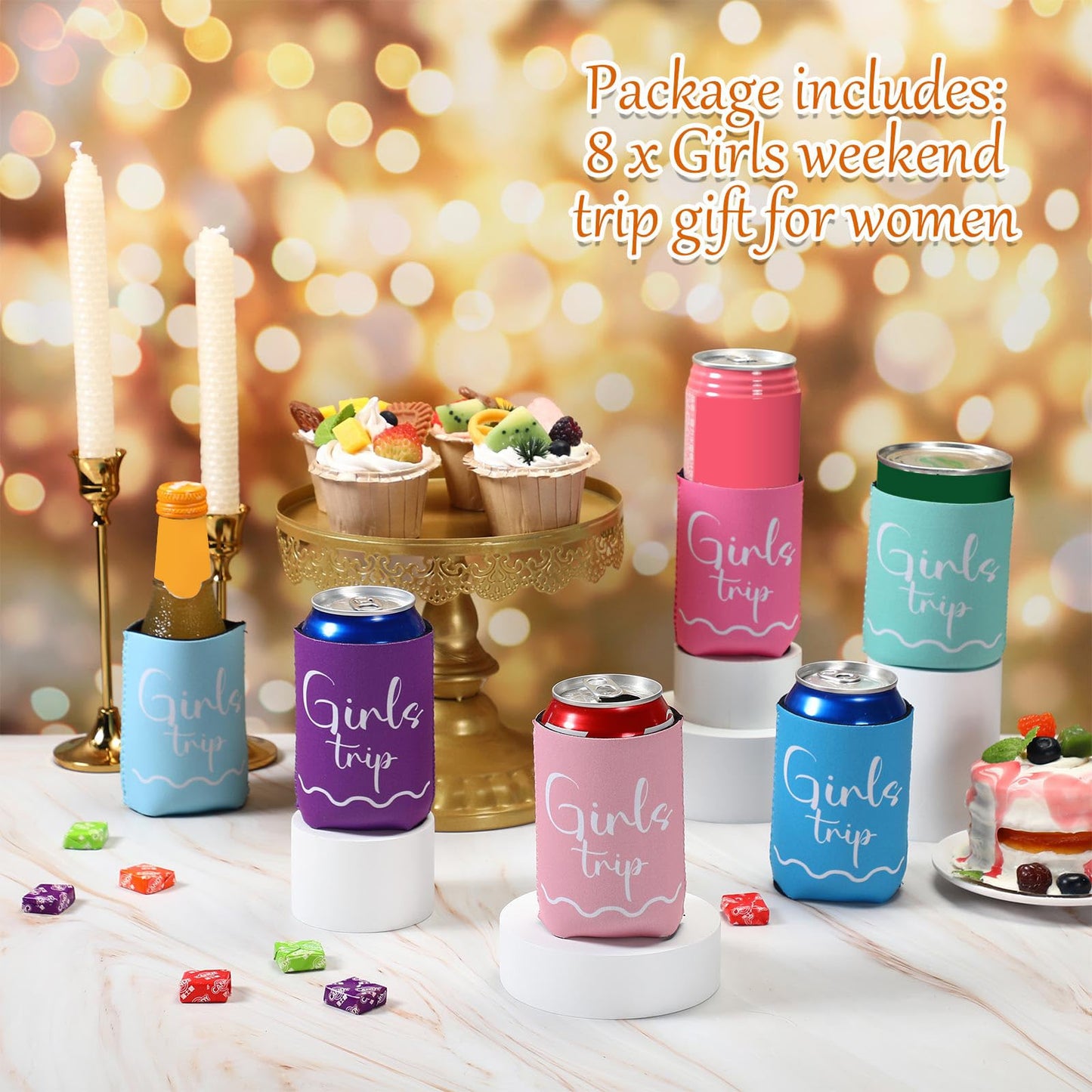 Janmercy 8 Pcs Girls Trip 2026 Gifts Favors, Girls Weekend Trip Gifts Cup Sleeves for Bachelorette Party Favors, Insulated Can Sleeve for Vacation Camping Women Fun Cruise Sister Auntie Friends