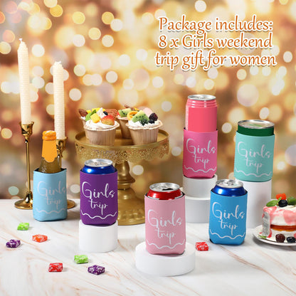 Janmercy 8 Pcs Girls Trip 2026 Gifts Favors, Girls Weekend Trip Gifts Cup Sleeves for Bachelorette Party Favors, Insulated Can Sleeve for Vacation Camping Women Fun Cruise Sister Auntie Friends