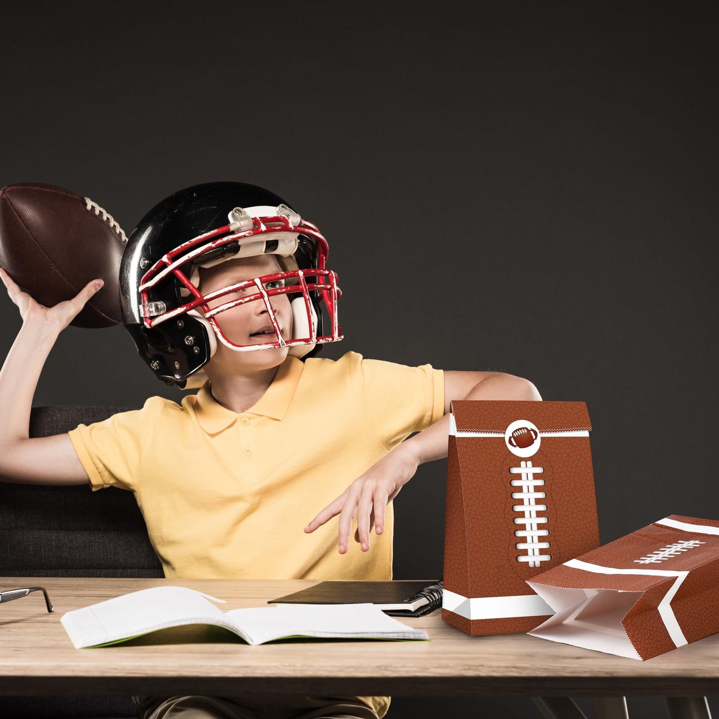 MIMIND 24 Pack Football Party Gift Bags 9.4 x 5.1 x 3.1 Inch Football Goodie Bags with Stickers Paper Treat Bag for Sports Bowl Theme Party Favors