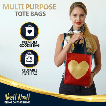 Nush Nush Gold Heart in Red Gift Bags Medium Size - Set of 12 Reusable Heart Gift Bag with Handles - Ideal Goodie Bag for Anniversary, Engagement, Wedding, Birthday, Valentines Day - 8x4x10