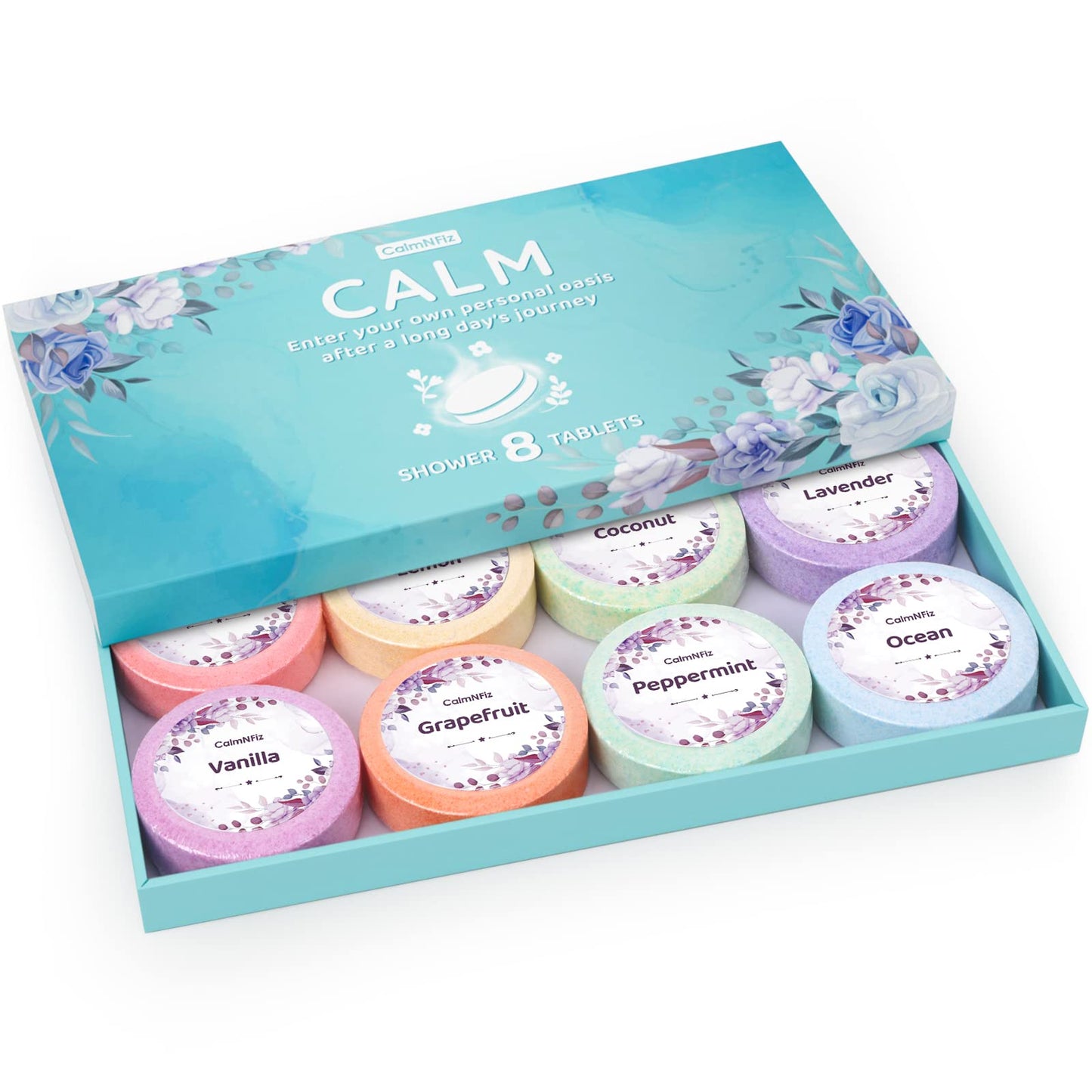 CalmNFiz Shower Steamers 8 Pack Set Shower Bombs Tablets in Box with 8 Fragrances with Shea Butter for Self-Care & Relaxation, Idea for Mothers Day, Women and Men