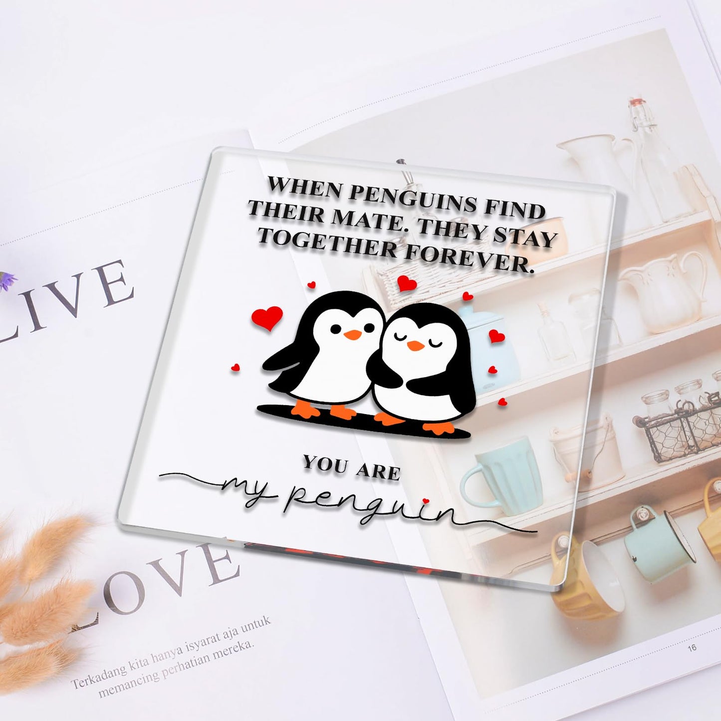 Romantic Penguin Acrylic Plaque with Wooden Stand, 5.9×5.9 Inch Clear Acrylic for Home Office Decor, Wedding Engagement Anniversary Birthday Valentines Day Gifts for Couples Him Her