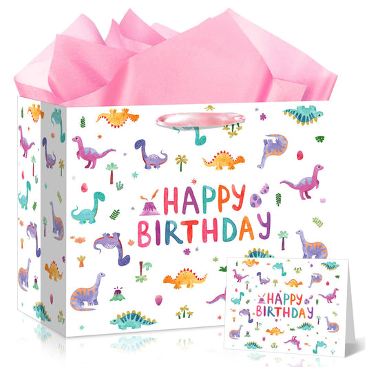 Yomaiha Pink Dinosaur Birthday Gift Bag for Girls - Watercolor Dinosaur Birthday Gift Bag with Wrapping Paper and Greeting Card, Pink Dino Paper Bag for Girls Party Decorations Supplies