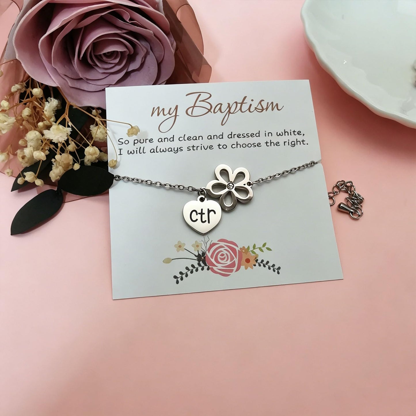 Choose The Right Bracelet-CTR Heart & Floral Pendant Latter Day Saints Jewelry Gift with Card for Women, LDS baptism Gifts