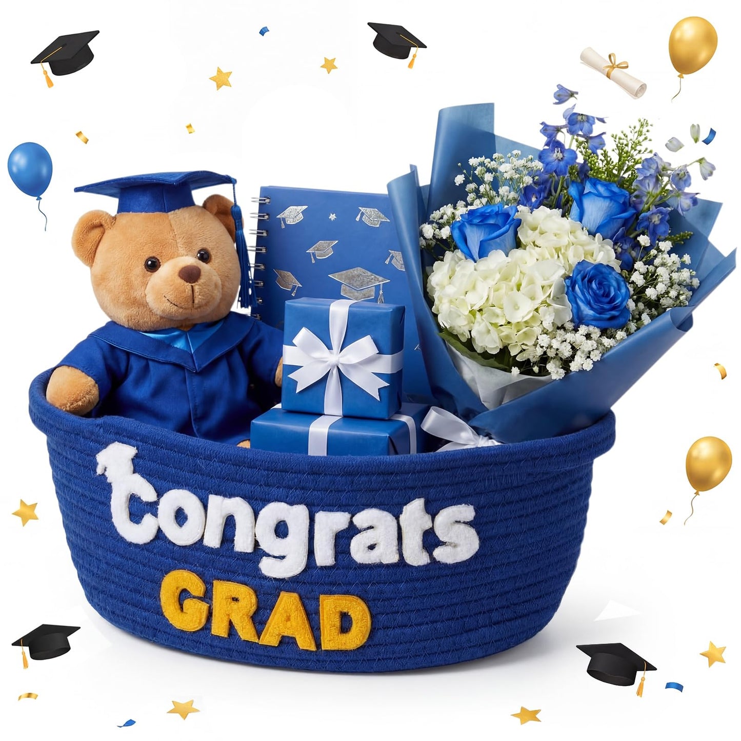 Yungyan Class of 2026 Graduation Gift Basket Empty, Small Cute Woven Rope Basket with Congrats Grad Words 12 x 8 x 5 Inch Decorative Graduation Gift Storage Baskets for College, University, PHD(Blue)
