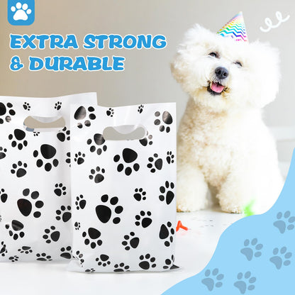 Pasimy 100 Pcs Dog Paw Gift Bags Bulk Pet Paw Puppy Plastic Treat Favor Candy Goodie Bags with Handle for Dog Birthday Party Decoration Supplies(White,Black)