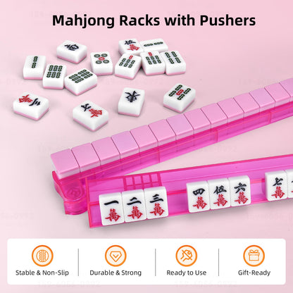 Non-Slip Mahjong Racks with Pushers, 4-Pack Clear Acrylic Racks, American Mahjong Accessories, Gift-Ready Mahjong Gifts (Clear)