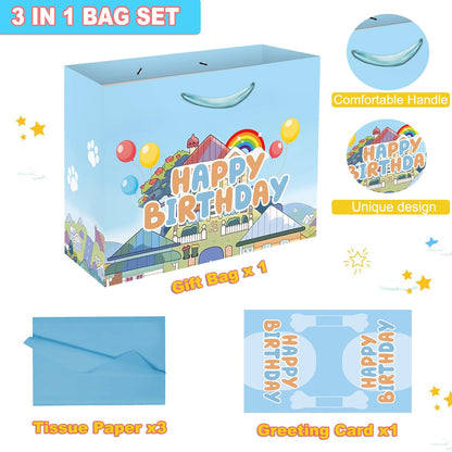 13" Large Cartoon Blue Dog House Party Supplies Gift Bag Set with Greeting Card and Tissue Papers, Blue Dog Theme Happy Birthday Gift Bags for Party Celebration Birthday Decorations