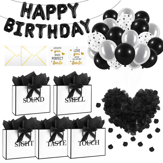 Epoesch 5 Senses Gift Bags for Him with Labels, Tissue Paper & Bow Ribbon | Happy Birthday Decorations Kit with Banner,Balloons, Rose Petals, Envelope, Card for Men, Women and Her (White with black trim)