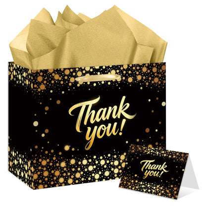 YXYASR Elegant Black Gold Thank You Gift Bag with Handles - Large Gift Bag Set Includes 3 Sheets of Gold Tissue Paper and Matching Greeting Card with Envelope - for Weddings, Graduations