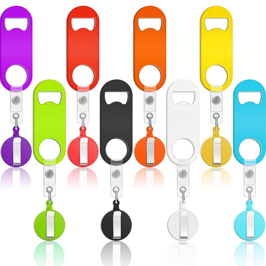 Honoson 8 Pieces Retractable Flat Bottle Opener Bartender Beer Opener with Round Badge Reel Clips Holder Bar Keys for Bartender Gifts Kitchen Home Party Supplies (Classic,Multicolor)
