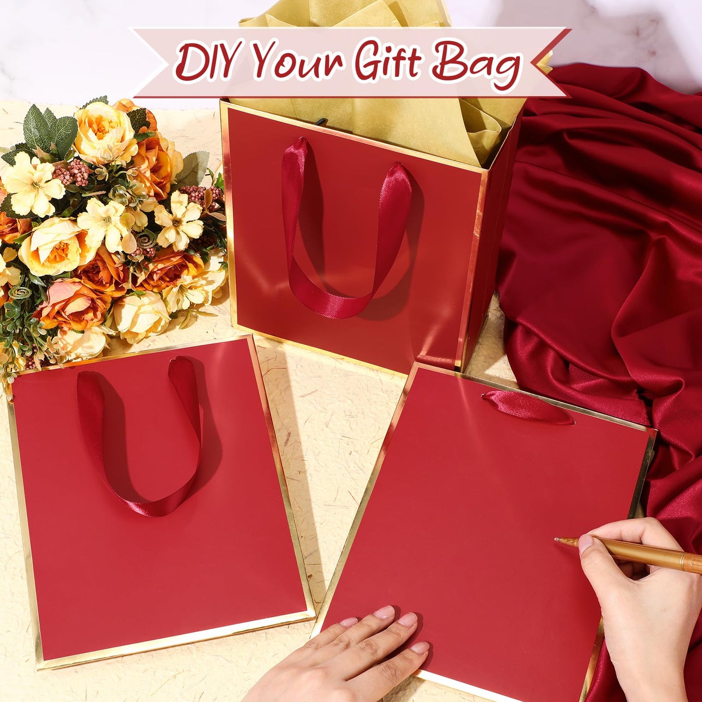 Yeaqee 10 Pack Metallic Paper Gift Bags with Handle Tissue Paper Thank You 5 Senses Gift Bag for Birthday Wedding Baby Shower Groomsmen Bridal Graduation Party Favor 9 x 7 x 3.15''(Burgundy,Gold)