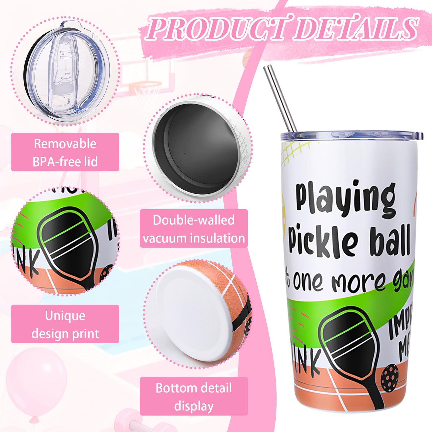 Pickleball Hat for Women, Pickleball Accessories with Cotton Baseball Cap Socks Stainless Steel Tumbler for Birthday Christmas Pink