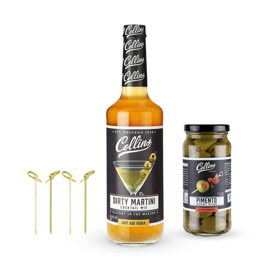 Collins Dirty Martini Kit, Gin Cocktail Mix, Stuffed Gourmet Olives, Drink Picks, Olive Brine Mixer, Home Bar Accessories, Home Bar Kit, Bartender Mixer, Drinking Gifts, Mixology Kit, Set of 3