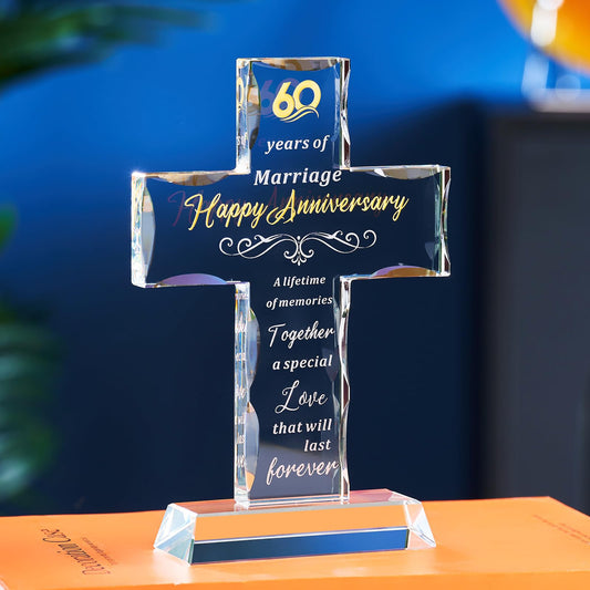 XLSJGYP Happy 60th Wedding Anniversary for Couple Glass Cross Gifts for Wife or Husband 60 years Perfect for her womem Home Decoration (60 years of marriage)