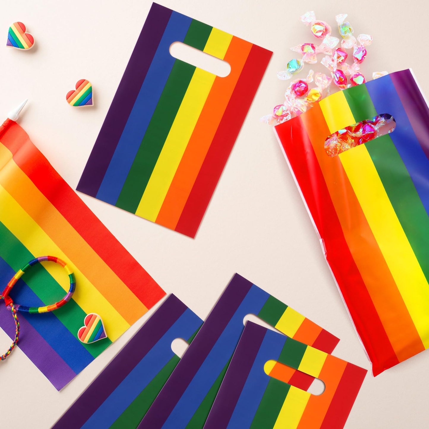 Engrowtic 100 Pcs Gay Pride Day Rainbow Gift Bags with Handle Lgbt Party Favor Reusable Rainbow Striped Plastic Snack Treat Goody Candy Bag for Summer Birthday Wedding Party Supplies 9.84'' x 6.5''