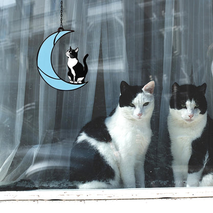 Black and White Cat Moon Suncatcher - Cat Loss Sympathy Gift, Tuxedo Stained Glass Hanging Ornament for Memorial Home Decor