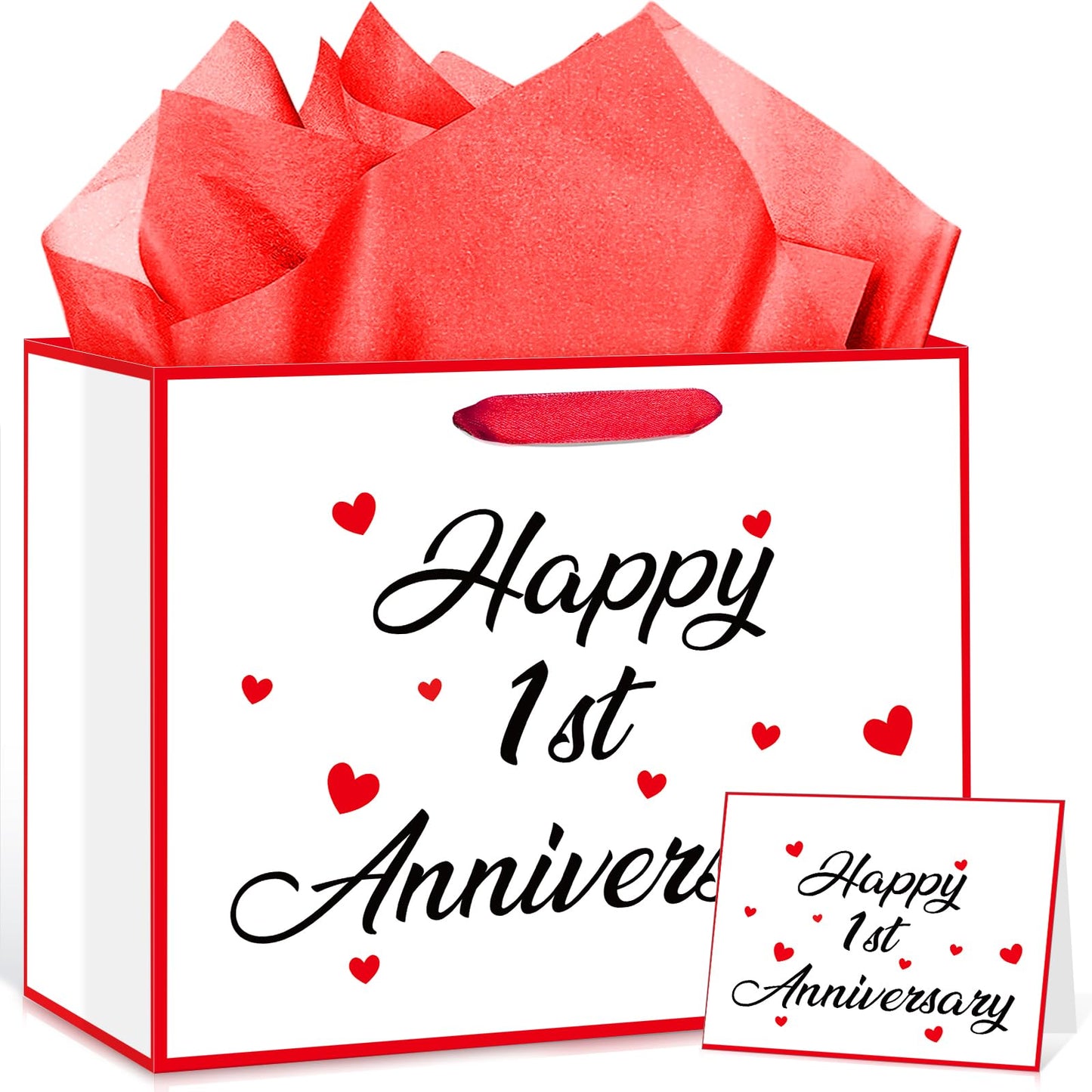 Innovoscape Happy 1st Anniversary Party Gift Bag 1st Anniversary Favor Bag with Card and Tissue Paper Valentine's Day Gift Bag Large One Year Wedding Bag for Couple Wedding Party Decorations