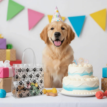 Youeon 30 Pcs Dog Paw Clear Gift Bags with Handles, 8x8x3 Inch Reusable PVC Treat Bags, Transparent Plastic Tote Bags for Pet Party, Birthday, Baby Shower, Candy, Cookie, Easter Favor Gifts