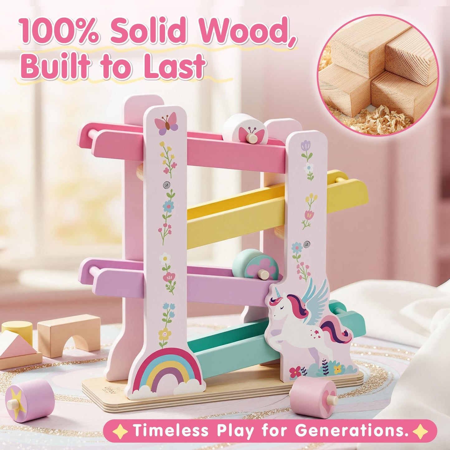 Lehoo Castle Wooden Car Ramp Toys for 1 Year Old Girl Birthday Gifts, Unicorn Montessori Toys for One Year Old, Wooden Race Track with 4 Rollers Toddler Toys for 2 Year Old Girl