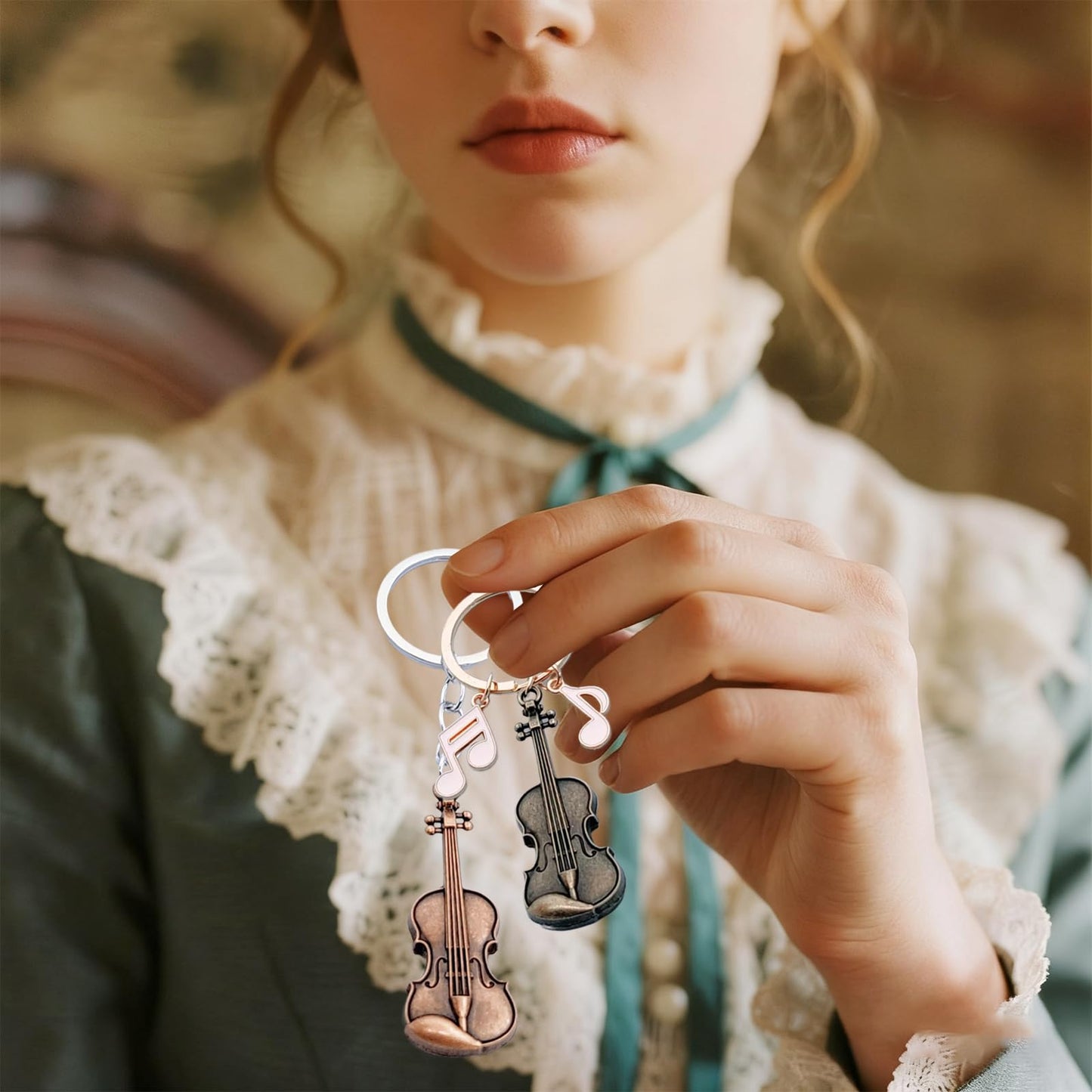 Zinc Alloy Violin Keychain, Weathered Charm in Bronze and Red Copper, Pocket-Sized Tiny Violin Keyring with Musical Notes - 4-Piece Set, Artistic Decor for Music Lovers