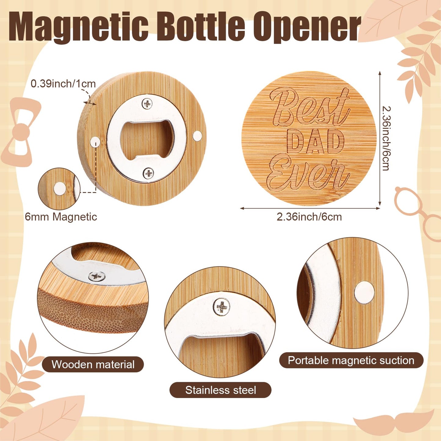 Mifoci 30 Pcs Father's Day Magnetic Bottle Opener Bulk Engraved Bamboo Round Shape Beer Openers with Round Perforated Sheet Drawstring Bag Hemp Rope for Father's Day Gifts Beer Lover