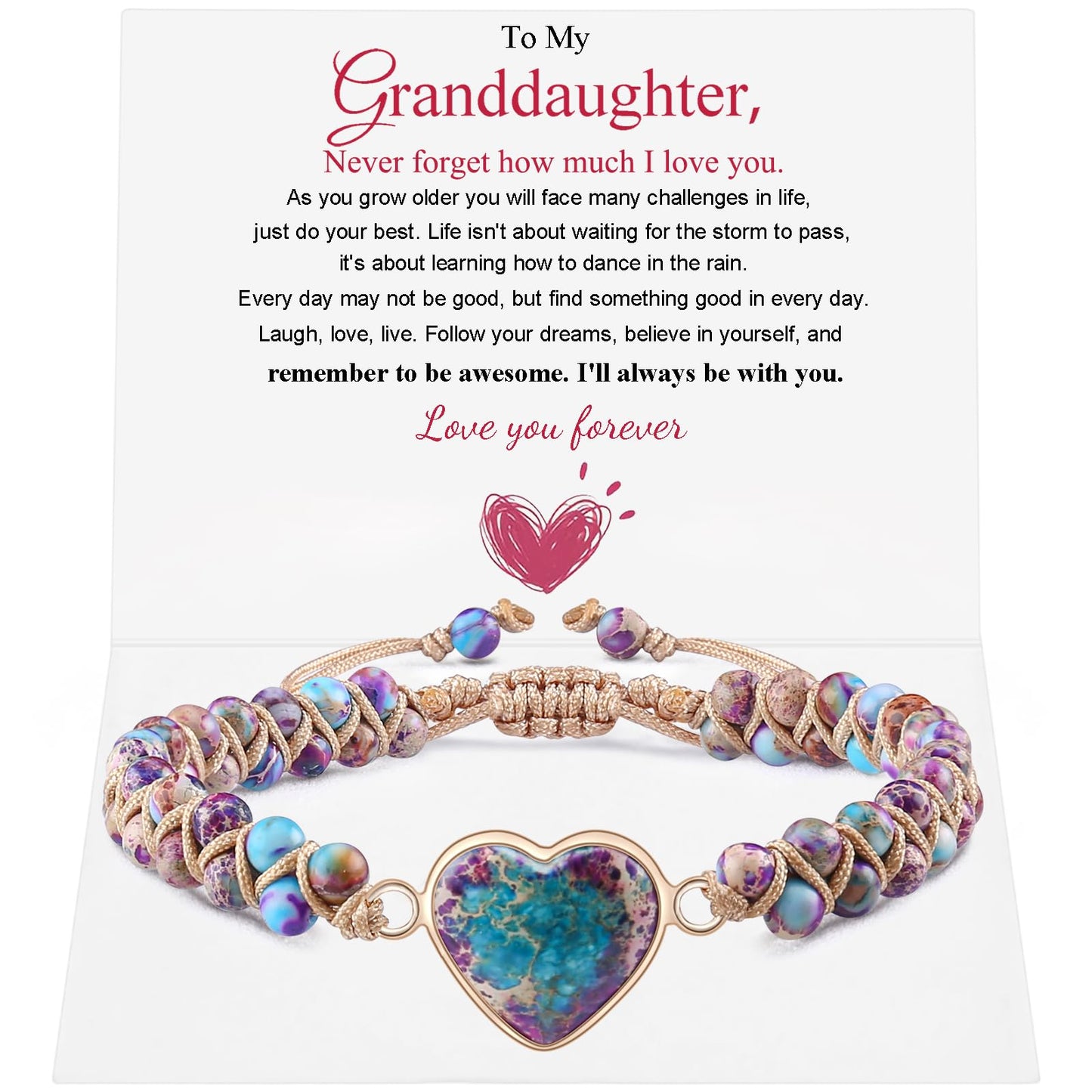 Jasper Heart Bracelet Adjustable Imperial Stone Beaded Braided Handmade Bracelet for Women Birthday Anniversary Mothers Day Christmas Graduation Jewelry Gifts for Her Mother Daughter
