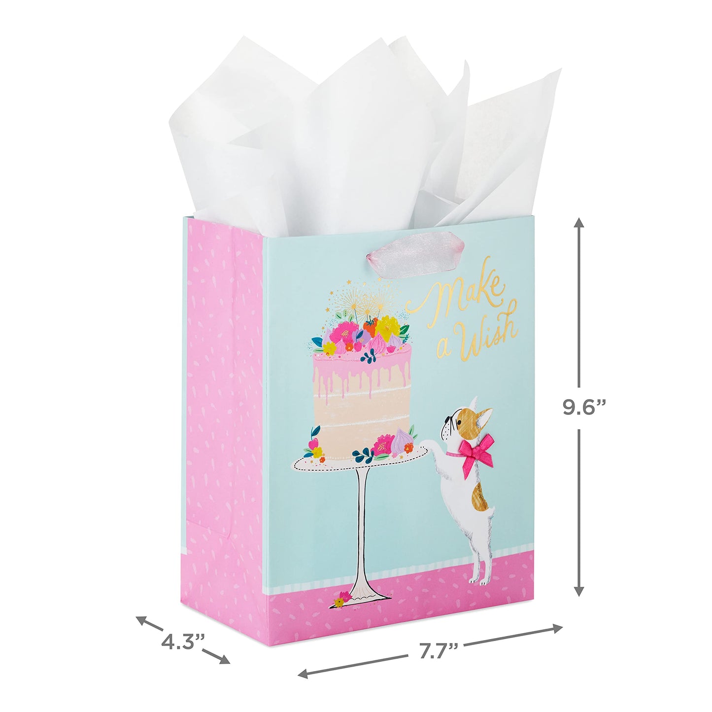 Hallmark 9" Medium Birthday Gift Bag with Tissue Paper (Make a Wish Cake and Pug Puppy)