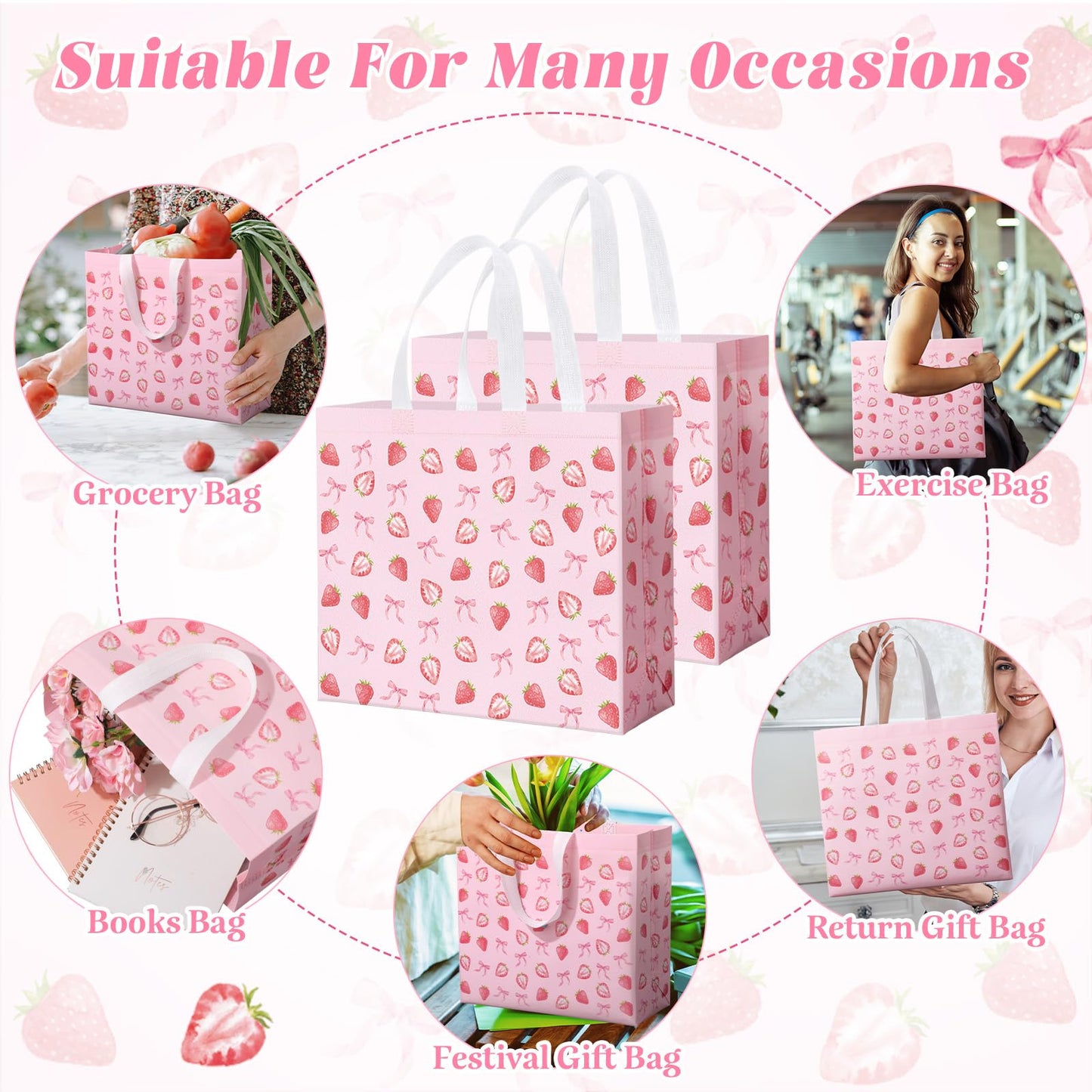 Abbylike 30 Pack Strawberry Bow Reusable Gift Bag Bulk Large Pink Bow and Sweet Strawberry Print Shopping Bag Tote Non Woven Tote for Women Wedding Birthday Baby Shower, 12.2 x 11.02 x 4.72 Inches