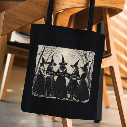 Kimoli Aesthetic Witchy Canvas Tote Bag for Women Funny Witchy Gifts for Women Cute Girls Will Be Girls Canvas Bag Spooky Reusable Beach Shoulder Grocery Casual Bag for Work Travel, Black